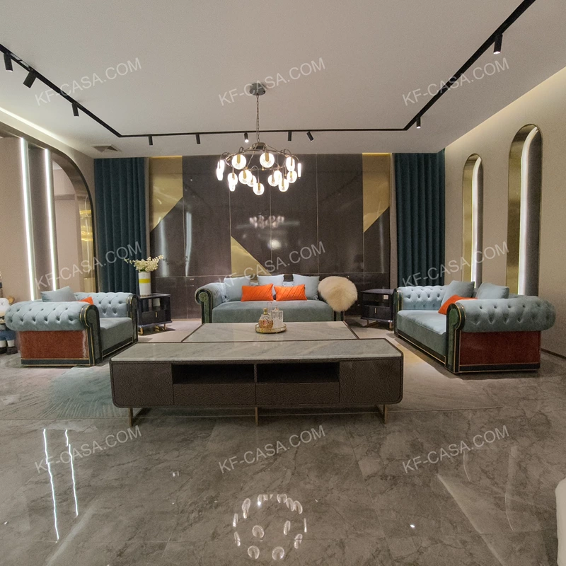 Luxury Light Lake Blue Velvet Chesterfield Sofa Set with Contrast Trim & Gold Stainless Steel Accents